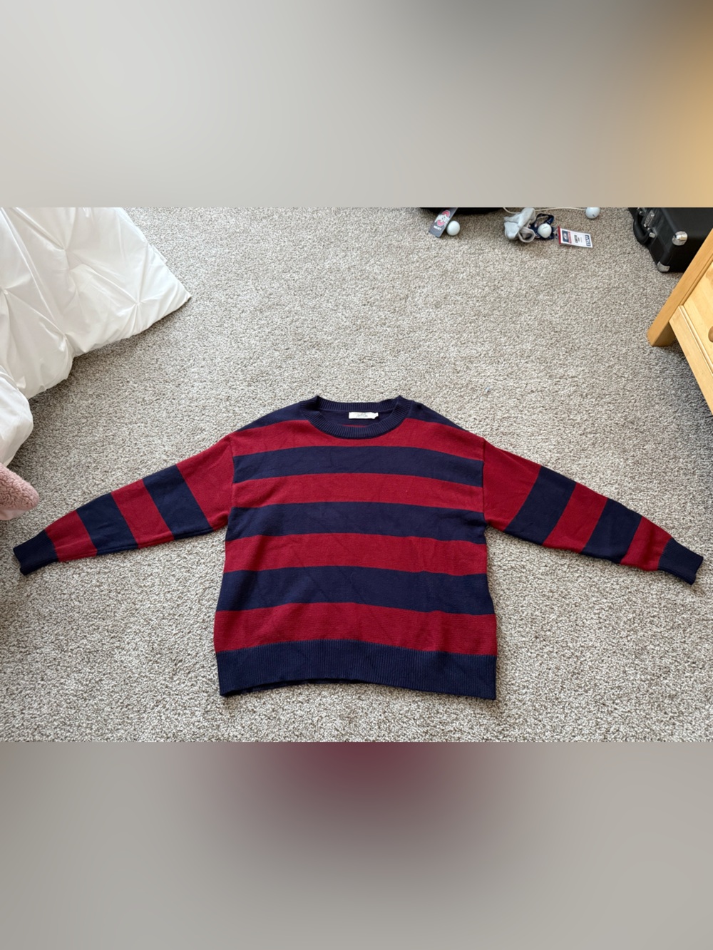 Women’s Navy and Burgundy Striped Crewneck Sweater